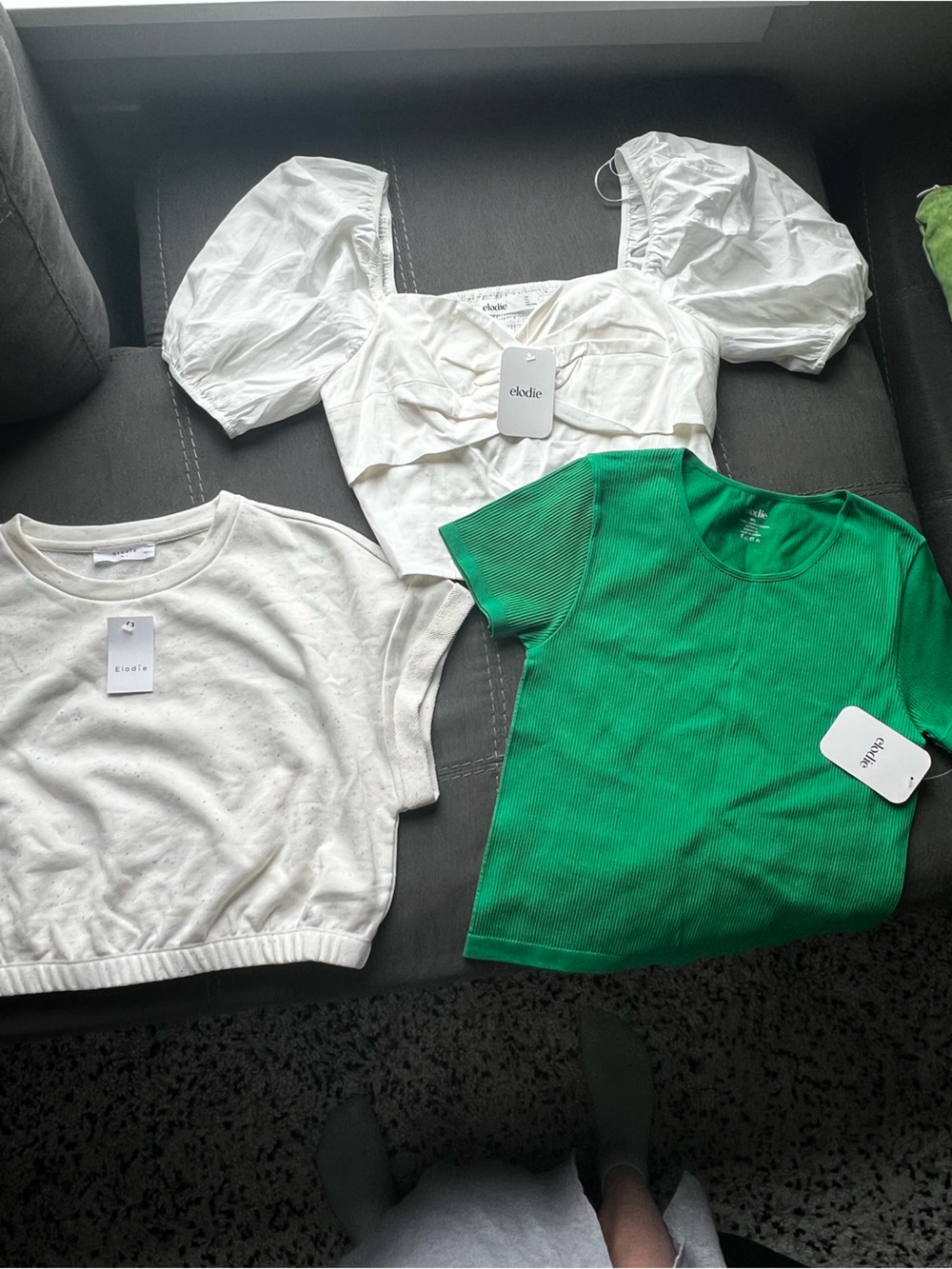 Elodie Bright Green Ribbed Tee with White Puff-Sleeve Top & White Cropped Tee